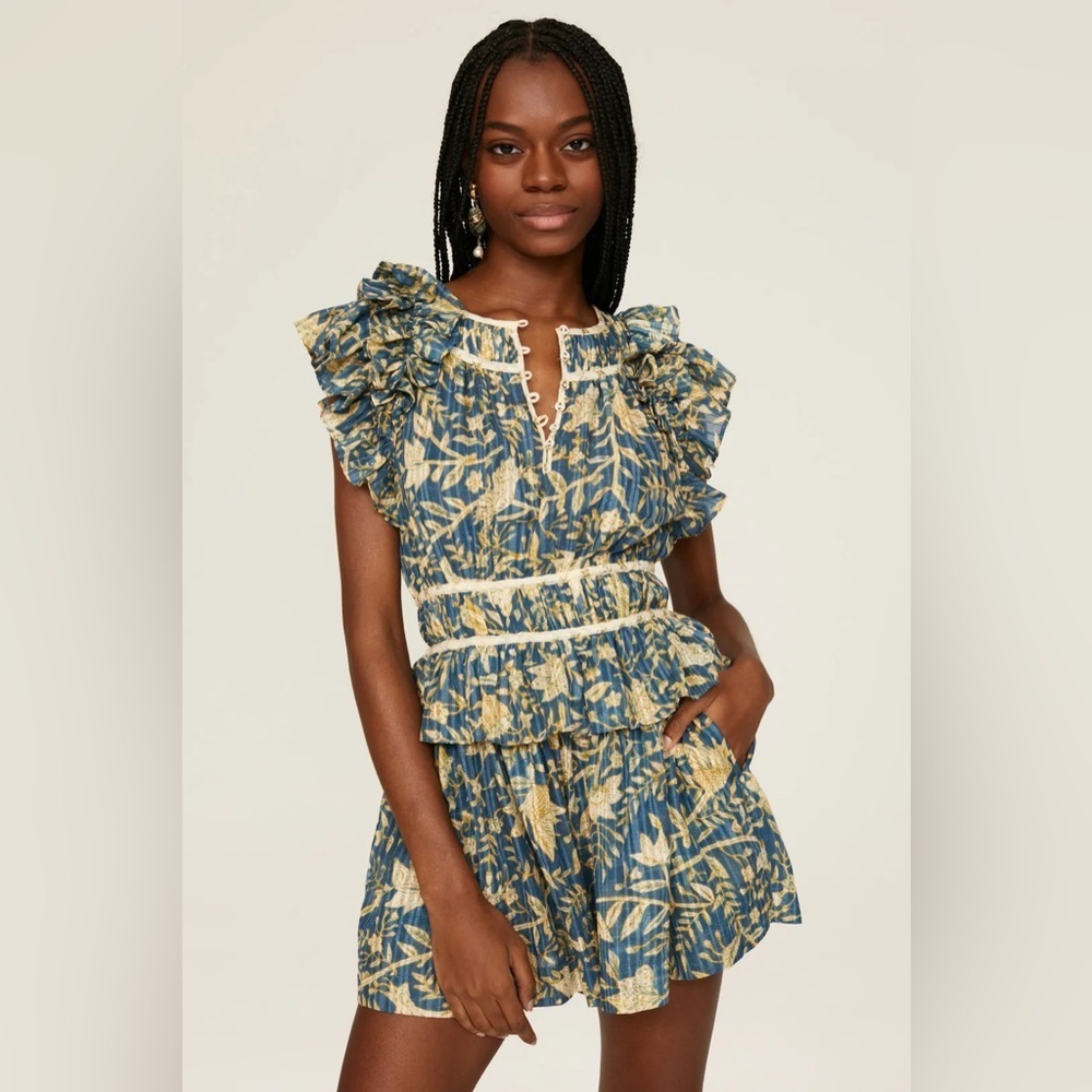 Ulla Johnson Blue and Cream Floral Ruffle Romper with Smocked Waist
